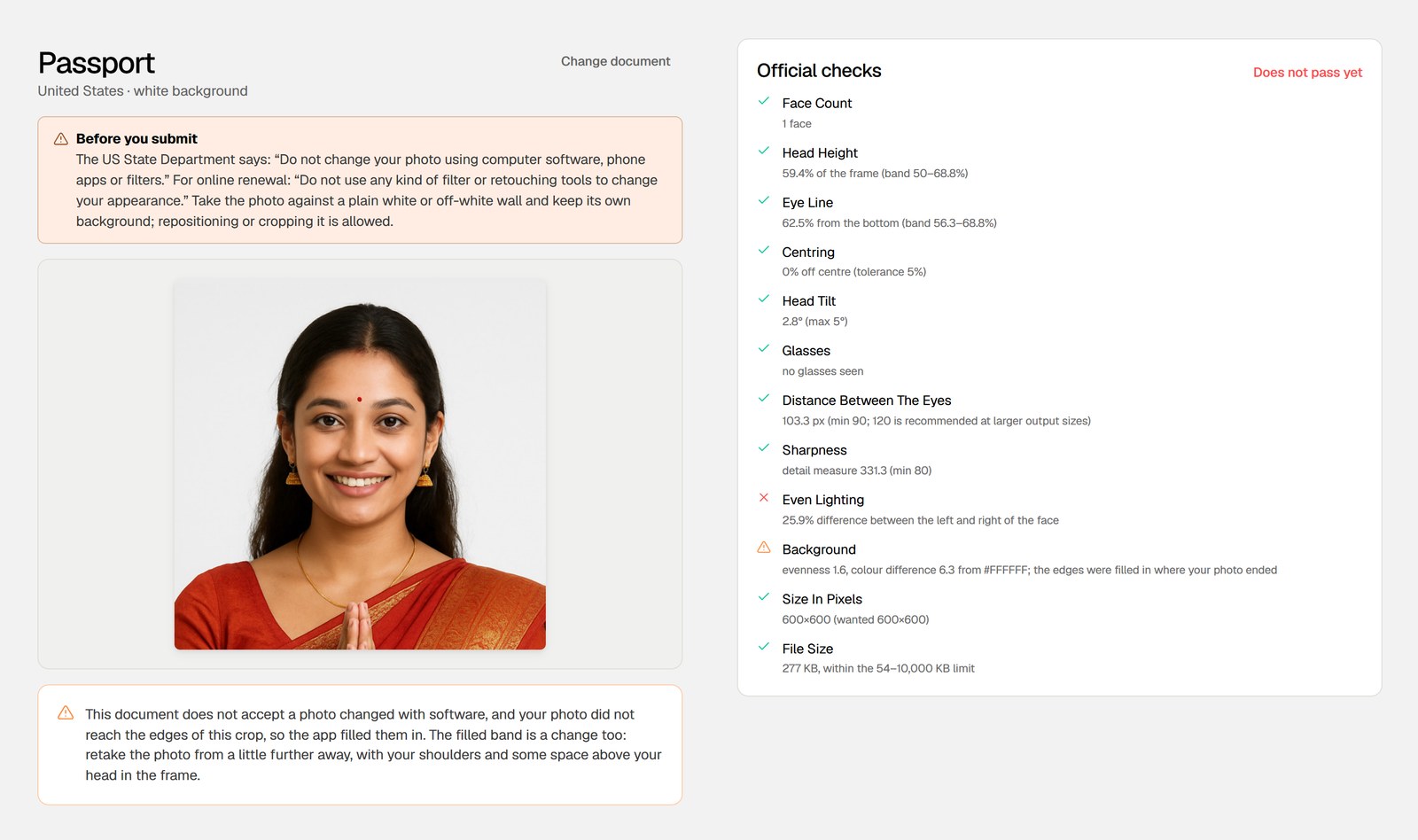 OpenPhotoId's result page for a U.S. passport photo, with the twelve official checks
